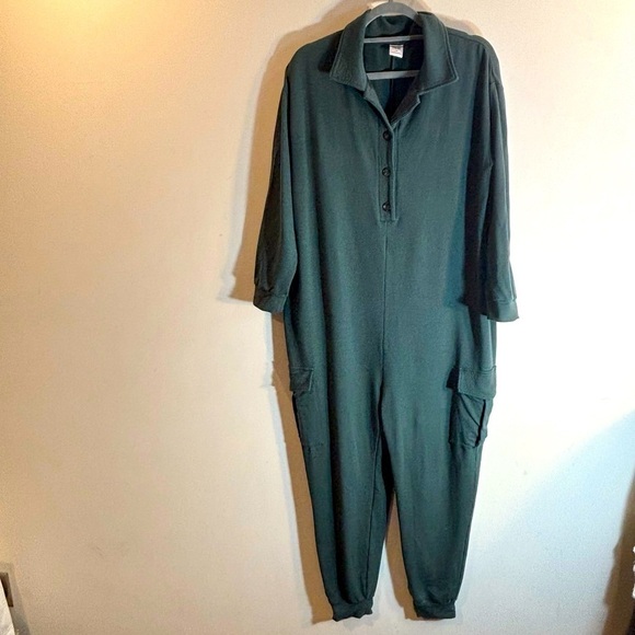 Smash + Tess Pants - SMASH & TESS Sz L Oversized Green Jumpsuit Cargo Pockets Flip Collar Buttons